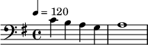 {\clef bass \tempo 4=120 \key g \major c' b a g a1}\midi{}
