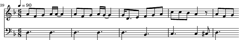 {
<<
\relative c '' {
\new Staff {
\set Score.currentBarNumber = #39 \bar "" \tempo 4=90 \key f \major \time 6/8
a8 f g a16 a~ a4 a8 f g a16 g~ g4 g16 d8. e8 f g a c c bes a4 r8 a f g
}
}
\new Staff \with {midiInstrument = #"acoustic bass"}
{
\set Staff.midiMinimumVolume = #0.7
\set Staff.midiMaximumVolume = #0.9
\clef bass \key f \major \time 6/8
d4. d d d d bes, c c4 cis8 d4.
}
>>
}
\midi{}