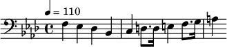 {\clef bass \tempo 4 = 110 \key aes \major f ees des bes, c d8. d16 e4 f8. g16 a4}\midi{}