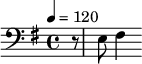 {\clef bass \key g \major \tempo 4 = 120 \partial 16 r8 e8 fis4}\midi{}
