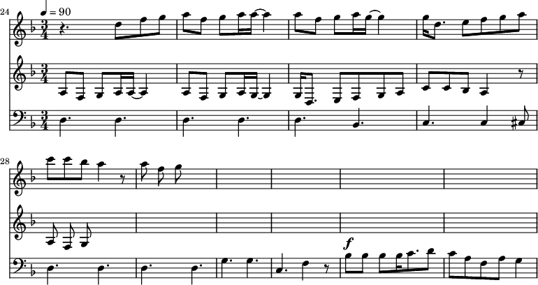 
{
  <<
    \relative c '' {
      \new Staff {
        \set Staff.midiMinimumVolume = #1.1
        \set Staff.midiMaximumVolume = #1.3
        \set Score.currentBarNumber = #24 \bar "" \tempo 4=90  \key f \major \time 3/4
        r4. d8 f8 g8 a8 f g a16 a~ a4 a8 f g a16 g~ g4 g16 d8. e8 f g a c c bes a4 r8 a f g
      }

    }
    \relative c ' {
      \new Staff {
        \set Staff.midiMinimumVolume = #1.1
        \set Staff.midiMaximumVolume = #1.3
        \set Score.currentBarNumber = #24 \bar "" \tempo 4=90  \key f \major \time 3/4
        a8 f g a16 a~ a4 a8 f g a16 g~ g4 g16 d8. e8 f g a c c bes a4 r8 a f g
      }
    }
    \new Staff  \with {midiInstrument = #"acoustic bass"} 
    {
      \set Staff.midiMinimumVolume = #2.7
      \set Staff.midiMaximumVolume = #3.9
      \set Score.currentBarNumber = #24 \bar ""
      \clef bass \key f \major \time 3/4
      d4. d d d d bes, c c4 cis8 d4. d d d g g c f4 r8 bes8^\f bes bes bes16 c'8. d'8 c' a f a g4
    }
  >>
}
\midi{}