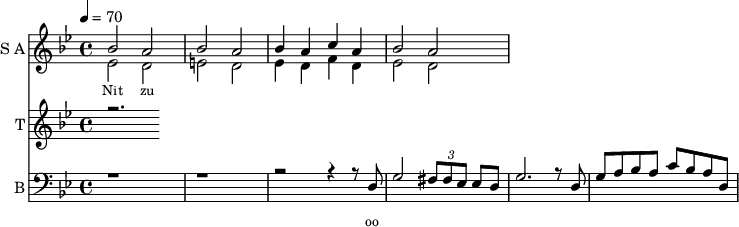 
<<
  \new Staff     
    \with {instrumentName = "S A"
           shortInstrumentName = "S A"}
    <<
    \set Staff.midiMinimumVolume = #0.3
    \set Staff.midiMaximumVolume = #0.7
    \set Score.currentBarNumber = #1 \bar "" \tempo 4=70 \time 4/4 \key bes \major

    \new Voice = "one" \relative c '' {  
      \voiceOne
        bes2 a bes a bes4 a c a bes2 a
    }
    \new Voice = "two" \relative c '{  
      \voiceTwo
        ees2 d e d ees4 d f d ees2 d  
    }
    >>
    \new Lyrics \lyricsto "one" {\set fontSize = #-2
      Nit zu
    }
  \new Staff  
    \with {instrumentName = "T"
           shortInstrumentName = "T"}
    <<
    \set Staff.midiMinimumVolume = #0.3
    \set Staff.midiMaximumVolume = #0.5      
    \set Score.currentBarNumber = #1 \bar "" \tempo 4=70 \time 4/4 \key bes \major
    \new Voice = "three" \fixed c '' {
      \voiceOne
      r2. 
    }
    >>
    \new Lyrics \lyricsto "three" {\set fontSize = #-2
    
    }

  \new Staff \with {midiInstrument = #"acoustic bass"
       instrumentName = "B"
       shortInstrumentName = "B"} <<
    \set Staff.midiMinimumVolume = #4.7
    \set Staff.midiMaximumVolume = #5.9
    \set Score.currentBarNumber = #1 \bar "" \tempo 4=70 \time 4/4 \key bes \major
    \clef bass 
    \new Voice = "four"{
      \voiceOne 
      r1 r r2 r4 r8 d g2 \tuplet 3/2 {fis8 fis ees} ees d g2. r8 d g a bes a c' bes a d
    }
    >>
    \new Lyrics \lyricsto "four" {\set fontSize = #-2
    oo 
    }
>>
\midi{}