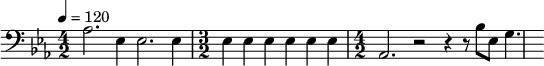 {\clef bass \tempo 4 = 120 \key ees \major
\time 4/2 aes2. ees4 ees2. ees4\time 3/2 ees4 ees ees ees ees ees \time 4/2 aes,2. r2 r4 r8 bes8 ees8 g4.
}\midi{}