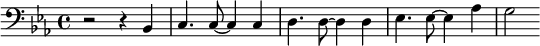{\clef bass \key ees \major r2 r4 bes, c4. c8 ~ c4 c d4. d8 ~d4 d ees4. ees8 ~ ees4 aes g2}