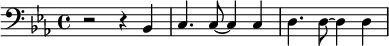{\clef bass \key ees \major r2 r4 bes, c4. c8 ~ c4 c d4. d8 ~d4 d}