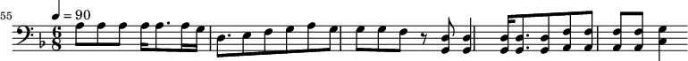 {\clef bass \tempo 4=90\key f \major \time 6/8 
\set Score.currentBarNumber = #55 \bar ""
a8 a a a16 a8. a16 g16 d8. e8 f g a g g g f r8 <d g,> <d g,>4 <d g,>16 <d g,>8. <d g,>8 <f a,>8 <f a,>8 <f a,>8 <f a,>8 <g c>4 \break}\midi{}