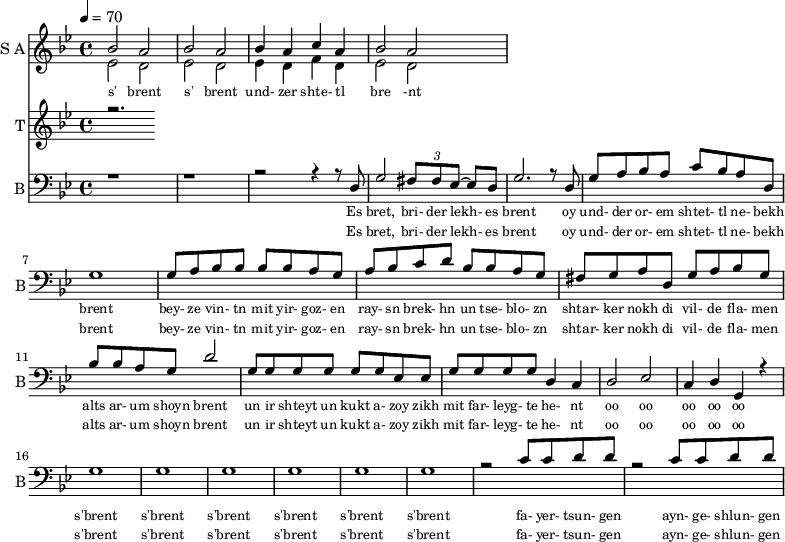 
<<
  \new Staff     
    \with {instrumentName = "S A"
           shortInstrumentName = "S A"}
    <<
    \set Staff.midiMinimumVolume = #0.3
    \set Staff.midiMaximumVolume = #0.7
    \set Score.currentBarNumber = #1 \bar "" \tempo 4=70 \time 4/4 \key bes \major

    \new Voice = "one" \relative c '' {  
      \voiceOne
        bes2 a bes a bes4 a c a bes2 a
    }
    \new Voice = "two" \relative c '{  
      \voiceTwo
        ees2 d ees d ees4 d f d ees2 d  
    }
    >>
    \new Lyrics \lyricsto "one" {\set fontSize = #-2
      s' brent s' brent und- zer shte- tl bre -nt
    }
  \new Staff  
    \with {instrumentName = "T"
           shortInstrumentName = "T"}
    <<
    \set Staff.midiMinimumVolume = #0.3
    \set Staff.midiMaximumVolume = #0.5      
    \set Score.currentBarNumber = #1 \bar "" \tempo 4=70 \time 4/4 \key bes \major
    \new Voice = "three" \fixed c '' {
      \voiceOne
      r2. 
    }
    >>
    \new Lyrics \lyricsto "three" {\set fontSize = #-2
    
    }

  \new Staff \with {midiInstrument = #"acoustic bass"
       instrumentName = "B"
       shortInstrumentName = "B"} <<
    \set Staff.midiMinimumVolume = #14.7
    \set Staff.midiMaximumVolume = #15.9
    \set Score.currentBarNumber = #1 \bar "" \tempo 4=70 \time 4/4 \key bes \major
    \clef bass 
    \new Voice = "four"{
      \voiceOne 
      r1 r r2 r4 r8 d g2 \tuplet 3/2 {fis8 fis ees~} ees d g2. r8 d g a bes a c' bes a d g1 g8 a bes bes bes bes a g a bes c' d' bes bes a g fis g a d g a bes g bes bes a g d'2 g8 g g g g g ees ees g g g g d4 c d2 ees c4 d g, r4 g1 g g g g g r2 c'8 c' d' d' r2 c'8 c' d' d'
    }
    >>
    \new Lyrics \lyricsto "four" {\set fontSize = #-2
    Es bret, bri- der lekh- es brent oy und- der or- em shtet- tl ne- bekh brent bey- ze vin- tn mit yir- goz- en ray- sn brek- hn un tse- blo- zn shtar- ker nokh di vil- de fla- men alts ar- um shoyn brent un ir shteyt un kukt a- zoy zikh mit far- leyg- te he- nt oo oo oo oo oo s'brent s'brent s'brent s'brent s'brent s'brent fa- yer- tsun- gen ayn- ge- shlun- gen
    }
    \new Lyrics \lyricsto "four" {\set fontSize = #-2
    Es bret, bri- der lekh- es brent oy und- der or- em shtet- tl ne- bekh brent bey- ze vin- tn mit yir- goz- en ray- sn brek- hn un tse- blo- zn shtar- ker nokh di vil- de fla- men alts ar- um shoyn brent un ir shteyt un kukt a- zoy zikh mit far- leyg- te he- nt oo oo oo oo oo s'brent s'brent s'brent s'brent s'brent s'brent fa- yer- tsun- gen ayn- ge- shlun- gen
    }
>>
\midi{}