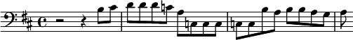 {\clef bass \key d \major r2 r4 b8 cis' d' d' d' c' a c c c c c b a b b a g a}