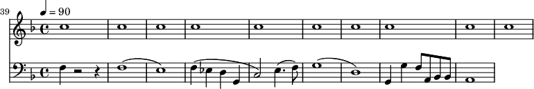 {
<<
\relative c '' {
\new Staff {
\set Staff.midiMinimumVolume = #0.1
\set Staff.midiMaximumVolume = #0.3
\set Score.currentBarNumber = #39 \bar "" \tempo 4=90 \key f \major
c1 c c c c c c c c c
}
}
\new Staff \with {midiInstrument = #"acoustic bass"}
{
\set Staff.midiMinimumVolume = #0.7
\set Staff.midiMaximumVolume = #0.9
\clef bass \key f \major
f4 r2 r4 f1( e1) f4( ees d g, c2) e4.( f8) g1( d1) g,4 g f8 a, bes, bes, a,1
}
>>
}
\midi{}