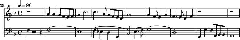 
{
  <<
    \relative c '' {
      \new Staff {
        \set Staff.midiMinimumVolume = #0.1
        \set Staff.midiMaximumVolume = #0.3
        \set Score.currentBarNumber = #39 \bar "" \tempo 4=90  \key f \major
        r1 a4 a g8 f e f g4  c2. c4. a8 g f e d g1 g4. f8 e4 g f4. e8 d4 f r1 r1
      }
    }
    {
      \new Staff  \with {midiInstrument = #"acoustic bass"} 
      {
        \set Staff.midiMinimumVolume = #0.7
        \set Staff.midiMaximumVolume = #0.9
        \clef bass \key f \major 
        f4 r2 r4 f1( e1) f4( ees d g, c2) e4.( f8) g1( d1) g,4 g f8 a, bes, bes, a,1
      }
    }
  >>
}
\midi{}