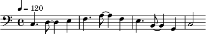 {\clef bass \tempo 4=120 c4. d8 ~ d4 e f4. a8 ~ a4 f e4. b,8 ~ b,4 g, c2}\midi{}