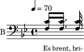<<
%{
\new Staff
\with {instrumentName = "S A"
shortInstrumentName = "S A"}
<<
\set Staff.midiMinimumVolume = #0.3
\set Staff.midiMaximumVolume = #0.7
\set Score.currentBarNumber = #1 \bar "" \tempo 4=70 \time 4/4 \key bes \major
\new Voice = "s1" \relative c '' {
\voiceOne
bes2 a bes a bes4 a c a bes2 a
}
\new Voice = "s2" \relative c '{
\voiceTwo
ees2 d ees d ees4 d f d ees2 d
}
>>
\new Lyrics \lyricsto "s1" {\set fontSize = #-2
s' brent s' brent und- zer shte- tl bre -nt de
}
%}
%{
\new Staff
\with {instrumentName = "A"
shortInstrumentName = "A"}
<<
\set Staff.midiMinimumVolume = #0.3
\set Staff.midiMaximumVolume = #0.5
\set Score.currentBarNumber = #1 \bar "" \tempo 4=70 \time 4/4 \key bes \major
\new Voice = "a1" \fixed c ' {
\voiceOne
g1 g g g
}
\new Voice = "a2" \fixed c ' {
\voiceTwo
d1 d d d
}
>>
\new Lyrics \lyricsto "a1" {\set fontSize = #-2
}
\repeat volta 2
%}
%{
\new Staff
\with {instrumentName = "T"
shortInstrumentName = "T"}
<<
\set Staff.midiMinimumVolume = #0.3
\set Staff.midiMaximumVolume = #0.5
\set Score.currentBarNumber = #1 \bar "" \tempo 4=70 \time 4/4 \key bes \major
\new Voice = "t1" \fixed c ' {
\voiceOne
g1 g g g
}
\new Voice = "t2" \fixed c ' {
\voiceTwo
d1 d d d
}
>>
\new Lyrics \lyricsto "t1" {\set fontSize = #-2
}
\repeat volta 2
%}
\new Staff \with {midiInstrument = #"acoustic bass"
instrumentName = "B"
shortInstrumentName = "B"} <<
\set Staff.midiMinimumVolume = #14.7
\set Staff.midiMaximumVolume = #15.9
\set Score.currentBarNumber = #1 \bar "" \tempo 4=70 \time 4/4 \key bes \major
\clef bass
\new Voice = "b1" \relative c' {
\voiceOne
c8 c8. c16
}
{
\new Voice = "b2" \relative c {
\voiceOne
f8 f8. f16
}
}
>>
\new Lyrics \lyricsto "b1" {\set fontSize = #-2
Es brent, bri- der lekh- es brent oy und- der or- em shtet- tl ne- bekh brent
}
\new Lyrics \lyricsto "b1" {\set fontSize = #-2
_ _ _ _ _ _ _ es ken kho- li- le ku- men der mo- ment und- zer shtot mit undz tsu- za- maen zol
}
>>
\midi{}