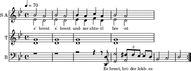 
<< 
  
  \new Staff     
    \with {instrumentName = "S A"
           shortInstrumentName = "S A"}
    <<
    \set Staff.midiMinimumVolume = #0.3
    \set Staff.midiMaximumVolume = #0.7
    \set Score.currentBarNumber = #1 \bar "" \tempo 4=70 \time 4/4 \key bes \major

    \new Voice = "s1" \relative c '' {  
      \voiceOne
        bes2 a bes a bes4 a c a bes2 a
    }
    \new Voice = "s2" \relative c '{  
      \voiceTwo
         ees2 d ees d ees4 d f d ees2 d  
    }
    >>
 
    \new Lyrics \lyricsto "s1" {\set fontSize = #-2
      s' brent s' brent und- zer shte- tl bre -nt de
    }

  %{
  \new Staff  
  \with {instrumentName = "A"
          shortInstrumentName = "A"}
  <<
  \set Staff.midiMinimumVolume = #0.3
  \set Staff.midiMaximumVolume = #0.5      
  \set Score.currentBarNumber = #1 \bar "" \tempo 4=70 \time 4/4 \key bes \major
  \new Voice = "a1" \fixed c ' {
    \voiceOne
      g1 g  g g 
  }
  \new Voice = "a2" \fixed c ' {
    \voiceTwo
      d1 d d d
  }    
  >>
  \new Lyrics \lyricsto "a1" {\set fontSize = #-2
  
  }
  \repeat volta 2
  %}

  \new Staff  
    \with {instrumentName = "T"
           shortInstrumentName = "T"}
    <<
    \set Staff.midiMinimumVolume = #0.3
    \set Staff.midiMaximumVolume = #0.5      
    \set Score.currentBarNumber = #1 \bar "" \tempo 4=70 \time 4/4 \key bes \major
    \new Voice = "t1" \fixed c ' {
      \voiceOne
       g1 g  g g 
    }
    \new Voice = "t2" \fixed c ' {
      \voiceTwo
       d1 d d d
    }    
    >>
    \new Lyrics \lyricsto "t1" {\set fontSize = #-2
    
    }
  \repeat volta 2

  \new Staff \with {midiInstrument = #"acoustic bass"
       instrumentName = "B"
       shortInstrumentName = "B"} <<
    \set Staff.midiMinimumVolume = #14.7
    \set Staff.midiMaximumVolume = #15.9
    \set Score.currentBarNumber = #1 \bar "" \tempo 4=70 \time 4/4 \key bes \major
    \clef bass 
    \new Voice = "b1" \relative {
      \voiceOne 
      r1 r r2 r4 r8 d g2 \tuplet 3/2 {fis8 fis ees~} ees d 
    }
    \new Voice = "b2" \relative c, {
      \voiceOne 
      r1 r r2 r4 r8 d g2 a bes c d 
    }
    >>
    \new Lyrics \lyricsto "b1" {\set fontSize = #-2
    Es brent, bri- der lekh- es brent oy und- der or- em shtet- tl ne- bekh brent 
    }
    \new Lyrics \lyricsto "b1" {\set fontSize = #-2
            _ _ _ _ _ _ _                 es ken kho- li- le ku- men der mo- ment und- zer shtot mit undz tsu- za- maen zol 
}
>>
\midi{}