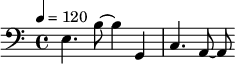 {\clef bass \tempo 4=120 e4. b8 ~ b4 g, c4. a,8 ~ a,8 }\midi{}