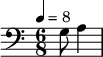 {\clef bass \tempo 4 = 8 \key c \major \time 6/8 \partial 4.
g8 a4
}\midi{}