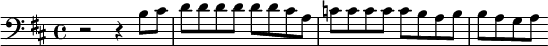 {\clef bass \key d \major r2 r4 b8 cis' d' d' d' d' d' d' cis' a c' c' c' c' c' b a b b a g a}