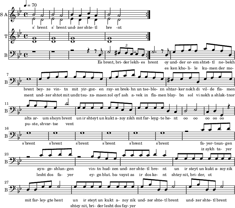 
<< 
  \repeat volta 2
  \new Staff     
    \with {instrumentName = "S A"
           shortInstrumentName = "S A"}
    <<
    \set Staff.midiMinimumVolume = #0.3
    \set Staff.midiMaximumVolume = #0.7
    \set Score.currentBarNumber = #1 \bar "" \tempo 4=70 \time 4/4 \key bes \major

    \new Voice = "one" \relative c '' {  
      \voiceOne
        bes2 a bes a bes4 a c a bes2 a
    }
    \new Voice = "two" \relative c '{  
      \voiceTwo
        ees2 d ees d ees4 d f d ees2 d  
    }
    >>
    \new Lyrics \lyricsto "one" {\set fontSize = #-2
      s' brent s' brent und- zer shte- tl bre -nt
    }
  \new Staff  
    \with {instrumentName = "T"
           shortInstrumentName = "T"}
    <<
    \set Staff.midiMinimumVolume = #0.3
    \set Staff.midiMaximumVolume = #0.5      
    \set Score.currentBarNumber = #1 \bar "" \tempo 4=70 \time 4/4 \key bes \major
    \new Voice = "three" \fixed c ' {
      \voiceOne
       g1 g  g g 
    }
    \new Voice = "four" \fixed c ' {
      \voiceTwo
       d1 d d d
    }    
    >>
    \new Lyrics \lyricsto "three" {\set fontSize = #-2
    
    }

  \new Staff \with {midiInstrument = #"acoustic bass"
       instrumentName = "B"
       shortInstrumentName = "B"} <<
    \set Staff.midiMinimumVolume = #14.7
    \set Staff.midiMaximumVolume = #15.9
    \set Score.currentBarNumber = #1 \bar "" \tempo 4=70 \time 4/4 \key bes \major
    \clef bass 
    \new Voice = "five"{
      \voiceOne 
      r1 r r2 r4 r8 d g2 \tuplet 3/2 {fis8 fis ees~} ees d g2. r8 d g a bes a c' bes a d g1 g8 a bes bes bes bes a g a bes c' d' bes bes a g fis g a d g a bes g bes bes a g d'2 g8 g g g g g ees ees g g g g d4 c d2 ees c4 d g, r4 g1 g g g g g r2 c'8 c' d' d' r2 c'8 c' d' d' r2 bes8 a g g c' c' c' c' d'4 c' g8 g g g g g g g d d g g g2 g8 g g g g g g g g bes d d g2 g8 bes d d g2
    }
    >>
    \new Lyrics \lyricsto "five" {\set fontSize = #-2
    Es brent, bri- der lekh- es brent oy und- der or- em shtet- tl ne- bekh brent bey- ze vin- tn mit yir- goz- en ray- sn brek- hn un tse- blo- zn shtar- ker nokh di vil- de fla- men alts ar- um shoyn brent un ir shteyt un kukt a- zoy zikh mit far- leyg- te he- nt oo oo oo oo oo s'brent s'brent s'brent s'brent s'brent s'brent fa- yer- tsun- gen ayn- ge- shlun- gen vin- tn hud- zen und- zer shte- tl bre- nt un ir steyt un kukt a- zoy zik mit far- ley- gte hent un ir steyt un kukt a- zoy zik und- zer shte- tl brent und- zer shte- tl brent
    }
    \new Lyrics \lyricsto "five" {\set fontSize = #-2
            _ _ _ _ _ _ _                 es ken kho- li- le ku- men der mo- ment und- zer shtot mit undz tsu- za- maen zol oyf ash a- vek in fla- men blay- bn sol vi nokh a shlak- tnor pu- ste, shvar- tse vent _ _ _ _ _ _ _ _  _ _ _ _ _ _ _ _ _ _ _ _  _ _ _ _ _ iz aykh ta- yer  lesht dos fa- yer ey- gn blut. ba- vayst as ir dos ke- nt  shtey nit, bri- der, ot _ _ _ _ _ _ _ _ shtey nit, bri- der lesht dos fay- yer          
}
>>
\midi{}