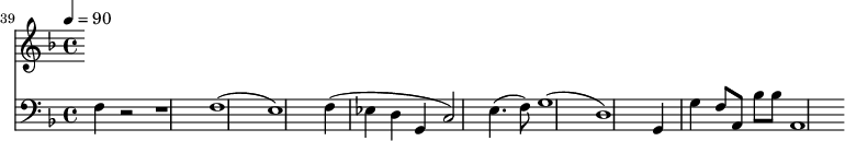 
{
  <<
    \relative c '' {
      \new Staff {
        \set Staff.midiMinimumVolume = #0.1
        \set Staff.midiMaximumVolume = #0.3
        \set Score.currentBarNumber = #39 \bar "" \tempo 4=90  \key f \major
        
      }
    }
    \new Staff  \with {midiInstrument = #"acoustic bass"} 
    {
      \set Staff.midiMinimumVolume = #0.7
      \set Staff.midiMaximumVolume = #0.9
      \clef bass \key f \major 
      f4 r2 r1 f1() e1) f4( ees d g, c2 ) e4.( f8) g1( d1) g,4 g f8 a, bes bes a,1
    }
  >>
}
\midi{}