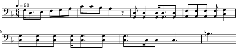 {\clef bass \tempo 4=90\key f \major \time 6/8
g16 d8. e8 f g a c' c' bes a4 r8 <d g,> <d g,>4 <d g,>16 <d g,>8. <d g,>8 <f a,>8 <f a,>8 <f a,>8 <f a,>8 <g c>4 \break
<g c>8 <g c> <g c> <g c>16 <g c>8. <g c>8 <g c>8. c16 c8 c4. b
}\midi{}