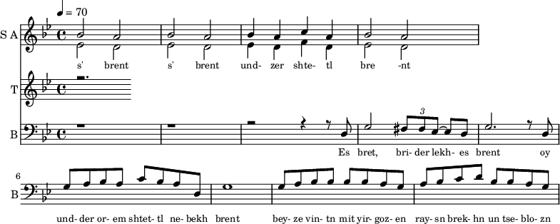 
<<
  \new Staff     
    \with {instrumentName = "S A"
           shortInstrumentName = "S A"}
    <<
    \set Staff.midiMinimumVolume = #0.3
    \set Staff.midiMaximumVolume = #0.7
    \set Score.currentBarNumber = #1 \bar "" \tempo 4=70 \time 4/4 \key bes \major

    \new Voice = "one" \relative c '' {  
      \voiceOne
        bes2 a bes a bes4 a c a bes2 a
    }
    \new Voice = "two" \relative c '{  
      \voiceTwo
        ees2 d ees d ees4 d f d ees2 d  
    }
    >>
    \new Lyrics \lyricsto "one" {\set fontSize = #-2
      s' brent s' brent und- zer shte- tl bre -nt
    }
  \new Staff  
    \with {instrumentName = "T"
           shortInstrumentName = "T"}
    <<
    \set Staff.midiMinimumVolume = #0.3
    \set Staff.midiMaximumVolume = #0.5      
    \set Score.currentBarNumber = #1 \bar "" \tempo 4=70 \time 4/4 \key bes \major
    \new Voice = "three" \fixed c '' {
      \voiceOne
      r2. 
    }
    >>
    \new Lyrics \lyricsto "three" {\set fontSize = #-2
    
    }

  \new Staff \with {midiInstrument = #"acoustic bass"
       instrumentName = "B"
       shortInstrumentName = "B"} <<
    \set Staff.midiMinimumVolume = #4.7
    \set Staff.midiMaximumVolume = #5.9
    \set Score.currentBarNumber = #1 \bar "" \tempo 4=70 \time 4/4 \key bes \major
    \clef bass 
    \new Voice = "four"{
      \voiceOne 
      r1 r r2 r4 r8 d g2 \tuplet 3/2 {fis8 fis ees~} ees d g2. r8 d g a bes a c' bes a d g1 g8 a bes bes bes bes a g a bes c' d' bes bes a g  
    }
    >>
    \new Lyrics \lyricsto "four" {\set fontSize = #-2
    Es bret, bri- der lekh- es brent oy und- der or- em shtet- tl ne- bekh brent bey- ze vin- tn mit yir- goz- en ray- sn brek- hn un tse- blo- zn
    }
>>
\midi{}