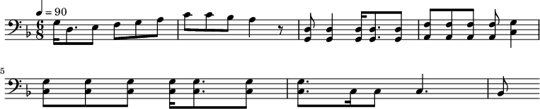 {\clef bass \tempo 4=90\key f \major \time 6/8
g16 d8. e8 f g a c' c' bes a4 r8 <d g,> <d g,>4 <d g,>16 <d g,>8. <d g,>8 <f a,>8 <f a,>8 <f a,>8 <f a,>8 <g c>4 \break
<g c>8 <g c> <g c> <g c>16 <g c>8. <g c>8 <g c>8. c16 c8 c4. bes,8
}\midi{}
