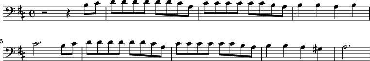 {\clef bass \key d \major r2 r4 b8 cis' d' d' d' d' d' d' cis' a cis' cis' cis' cis' cis' cis' b a b4 b a b cis'2. b8 cis' d' d' d' d' d' d' cis' a cis' cis' cis' cis' cis' cis' b a b4 b a gis a2.}