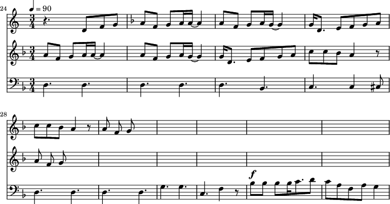 
{
  <<
    \relative c ' {
      \new Staff {
        \set Staff.midiMinimumVolume = #1.1
        \set Staff.midiMaximumVolume = #1.3
        \set Score.currentBarNumber = #24 \bar "" \tempo 4=90  \key c \major \time 3/4
        r4. d8 f8 g8 \key f \major a8 f g a16 a~ a4 a8 f g a16 g~ g4 g16 d8. e8 f g a c c bes a4 r8 a f g
      }

    }
    \relative c ''{
      \new Staff {
        \set Staff.midiMinimumVolume = #1.1
        \set Staff.midiMaximumVolume = #1.3
        \set Score.currentBarNumber = #24 \bar "" \tempo 4=90  \key f \major \time 3/4
        a8 f g a16 a~ a4 a8 f g a16 g~ g4 g16 d8. e8 f g a c c bes a4 r8 a f g
      }
    }
    \new Staff  \with {midiInstrument = #"acoustic bass"} 
    {
      \set Staff.midiMinimumVolume = #2.7
      \set Staff.midiMaximumVolume = #3.9
      \set Score.currentBarNumber = #24 \bar ""
      \clef bass \key f \major \time 3/4
      d4. d d d d bes, c c4 cis8 d4. d d d g g c f4 r8 bes8^\f bes bes bes16 c'8. d'8 c' a f a g4
    }
  >>
}
\midi{}
