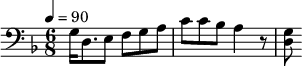 {\clef bass \tempo 4=90\key f \major \time 6/8
g16 d8. e8 f g a c' c' bes a4 r8 <d g>
}\midi{}