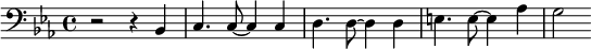 {\clef bass \key ees \major r2 r4 bes, c4. c8 ~ c4 c d4. d8 ~d4 d e4. e8 ~ e4 aes g2}