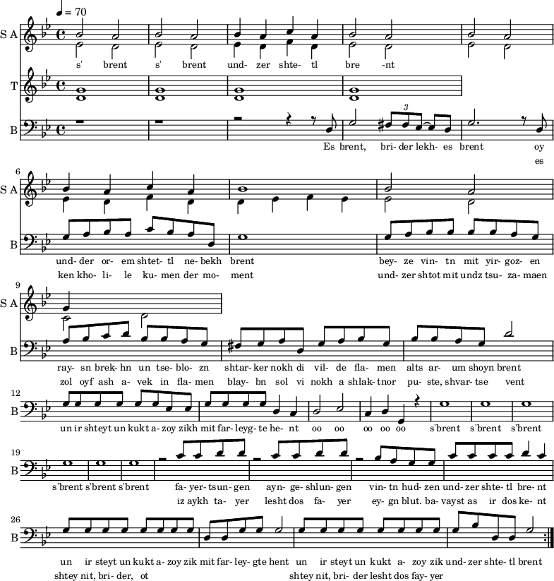 <<
\new Staff
\with {instrumentName = "S A"
shortInstrumentName = "S A"}
<<
\set Staff.midiMinimumVolume = #0.3
\set Staff.midiMaximumVolume = #0.7
\set Score.currentBarNumber = #1 \bar "" \tempo 4=70 \time 4/4 \key bes \major
\new Voice = "one" \relative c '' {
\voiceOne
bes2 a bes a bes4 a c a bes2 a bes a bes4 a c a bes1 bes2 a g4
}
\new Voice = "two" \relative c '{
\voiceTwo
ees2 d ees d ees4 d f d ees2 d ees d ees4 d f d d ees f ees ees2 d c d
}
>>
\new Lyrics \lyricsto "one" {\set fontSize = #-2
s' brent s' brent und- zer shte- tl bre -nt
}
\new Staff
\with {instrumentName = "T"
shortInstrumentName = "T"}
<<
\set Staff.midiMinimumVolume = #0.3
\set Staff.midiMaximumVolume = #0.5
\set Score.currentBarNumber = #1 \bar "" \tempo 4=70 \time 4/4 \key bes \major
\new Voice = "three" \fixed c ' {
\voiceOne
g1 g g g
}
\new Voice = "four" \fixed c ' {
\voiceTwo
d1 d d d
}
>>
\new Lyrics \lyricsto "three" {\set fontSize = #-2
}
\repeat volta 2
\new Staff \with {midiInstrument = #"acoustic bass"
instrumentName = "B"
shortInstrumentName = "B"} <<
\set Staff.midiMinimumVolume = #14.7
\set Staff.midiMaximumVolume = #15.9
\set Score.currentBarNumber = #1 \bar "" \tempo 4=70 \time 4/4 \key bes \major
\clef bass
\new Voice = "five"{
\voiceOne
r1 r r2 r4 r8 d g2 \tuplet 3/2 {fis8 fis ees~} ees d g2. r8 d g a bes a c' bes a d g1 g8 a bes bes bes bes a g a bes c' d' bes bes a g fis g a d g a bes g bes bes a g d'2 g8 g g g g g ees ees g g g g d4 c d2 ees c4 d g, r4 g1 g g g g g r2 c'8 c' d' d' r2 c'8 c' d' d' r2 bes8 a g g c' c' c' c' d'4 c' g8 g g g g g g g d d g g g2 g8 g g g g g g g g bes d d g2
}
>>
\new Lyrics \lyricsto "five" {\set fontSize = #-2
Es brent, bri- der lekh- es brent oy und- der or- em shtet- tl ne- bekh brent bey- ze vin- tn mit yir- goz- en ray- sn brek- hn un tse- blo- zn shtar- ker nokh di vil- de fla- men alts ar- um shoyn brent un ir shteyt un kukt a- zoy zikh mit far- leyg- te he- nt oo oo oo oo oo s'brent s'brent s'brent s'brent s'brent s'brent fa- yer- tsun- gen ayn- ge- shlun- gen vin- tn hud- zen und- zer shte- tl bre- nt un ir steyt un kukt a- zoy zik mit far- ley- gte hent un ir steyt un kukt a- zoy zik und- zer shte- tl brent
}
\new Lyrics \lyricsto "five" {\set fontSize = #-2
_ _ _ _ _ _ _ es ken kho- li- le ku- men der mo- ment und- zer shtot mit undz tsu- za- maen zol oyf ash a- vek in fla- men blay- bn sol vi nokh a shlak- tnor pu- ste, shvar- tse vent _ _ _ _ _ _ _ _ _ _ _ _ _ _ _ _ _ _ _ _ _ _ _ _ _ iz aykh ta- yer lesht dos fa- yer ey- gn blut. ba- vayst as ir dos ke- nt shtey nit, bri- der, ot _ _ _ _ _ _ _ _ shtey nit, bri- der lesht dos fay- yer
}
>>
\midi{}