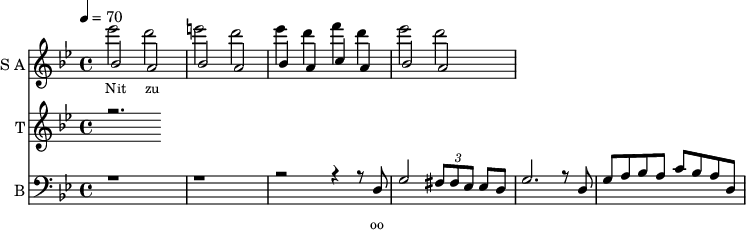 
<<
  \new Staff     
    \with {instrumentName = "S A"
           shortInstrumentName = "S A"}
    <<
    \set Staff.midiMinimumVolume = #0.3
    \set Staff.midiMaximumVolume = #0.7
    \set Score.currentBarNumber = #1 \bar "" \tempo 4=70 \time 4/4 \key bes \major

    \new Voice = "one" \relative c '' {  
      \voiceOne
        bes2 a bes a bes4 a c a bes2 a
    }
    \new Voice = "two" \relative c '''{  
      \voiceTwo
        ees2 d e d ees4 d f d ees2 d  
    }
    >>
    \new Lyrics \lyricsto "one" {\set fontSize = #-2
      Nit zu
    }
  \new Staff  
    \with {instrumentName = "T"
           shortInstrumentName = "T"}
    <<
    \set Staff.midiMinimumVolume = #0.3
    \set Staff.midiMaximumVolume = #0.5      
    \set Score.currentBarNumber = #1 \bar "" \tempo 4=70 \time 4/4 \key bes \major
    \new Voice = "three" \fixed c '' {
      \voiceOne
      r2. 
    }
    >>
    \new Lyrics \lyricsto "three" {\set fontSize = #-2
    
    }

  \new Staff \with {midiInstrument = #"acoustic bass"
       instrumentName = "B"
       shortInstrumentName = "B"} <<
    \set Staff.midiMinimumVolume = #4.7
    \set Staff.midiMaximumVolume = #5.9
    \set Score.currentBarNumber = #1 \bar "" \tempo 4=70 \time 4/4 \key bes \major
    \clef bass 
    \new Voice = "four"{
      \voiceOne 
      r1 r r2 r4 r8 d g2 \tuplet 3/2 {fis8 fis ees} ees d g2. r8 d g a bes a c' bes a d
    }
    >>
    \new Lyrics \lyricsto "four" {\set fontSize = #-2
    oo 
    }
>>
\midi{}