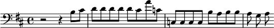 {\clef bass \key d \major r2 r4 b8 cis' d' d' d' d' d' cis' a' c' c c c c b a b b a g a}