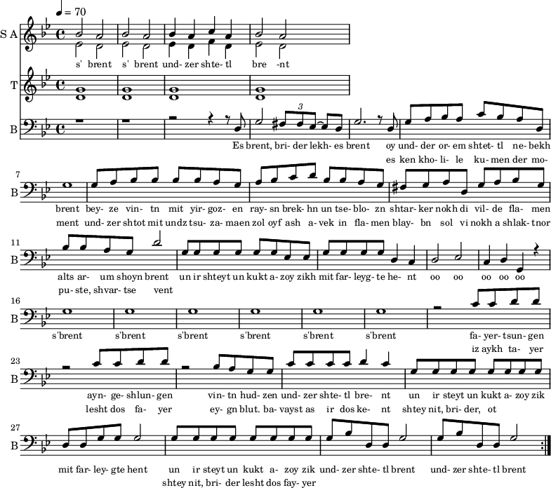 
<< 
  
  \new Staff     
    \with {instrumentName = "S A"
           shortInstrumentName = "S A"}
    <<
    \set Staff.midiMinimumVolume = #0.3
    \set Staff.midiMaximumVolume = #0.7
    \set Score.currentBarNumber = #1 \bar "" \tempo 4=70 \time 4/4 \key bes \major

    \new Voice = "one" \relative c '' {  
      \voiceOne
        bes2 a bes a bes4 a c a bes2 a
    }
    \new Voice = "two" \relative c '{  
      \voiceTwo
        ees2 d ees d ees4 d f d ees2 d  
    }
    >>
    \new Lyrics \lyricsto "one" {\set fontSize = #-2
      s' brent s' brent und- zer shte- tl bre -nt
    }
  \new Staff  
    \with {instrumentName = "T"
           shortInstrumentName = "T"}
    <<
    \set Staff.midiMinimumVolume = #0.3
    \set Staff.midiMaximumVolume = #0.5      
    \set Score.currentBarNumber = #1 \bar "" \tempo 4=70 \time 4/4 \key bes \major
    \new Voice = "three" \fixed c ' {
      \voiceOne
       g1 g  g g 
    }
    \new Voice = "four" \fixed c ' {
      \voiceTwo
       d1 d d d
    }    
    >>
    \new Lyrics \lyricsto "three" {\set fontSize = #-2
    
    }
  \repeat volta 2
  \new Staff \with {midiInstrument = #"acoustic bass"
       instrumentName = "B"
       shortInstrumentName = "B"} <<
    \set Staff.midiMinimumVolume = #14.7
    \set Staff.midiMaximumVolume = #15.9
    \set Score.currentBarNumber = #1 \bar "" \tempo 4=70 \time 4/4 \key bes \major
    \clef bass 
    \new Voice = "five"{
      \voiceOne 
      r1 r r2 r4 r8 d g2 \tuplet 3/2 {fis8 fis ees~} ees d g2. r8 d g a bes a c' bes a d g1 g8 a bes bes bes bes a g a bes c' d' bes bes a g fis g a d g a bes g bes bes a g d'2 g8 g g g g g ees ees g g g g d4 c d2 ees c4 d g, r4 g1 g g g g g r2 c'8 c' d' d' r2 c'8 c' d' d' r2 bes8 a g g c' c' c' c' d'4 c' g8 g g g g g g g d d g g g2 g8 g g g g g g g g bes d d g2 g8 bes d d g2
    }
    >>
    \new Lyrics \lyricsto "five" {\set fontSize = #-2
    Es brent, bri- der lekh- es brent oy und- der or- em shtet- tl ne- bekh brent bey- ze vin- tn mit yir- goz- en ray- sn brek- hn un tse- blo- zn shtar- ker nokh di vil- de fla- men alts ar- um shoyn brent un ir shteyt un kukt a- zoy zikh mit far- leyg- te he- nt oo oo oo oo oo s'brent s'brent s'brent s'brent s'brent s'brent fa- yer- tsun- gen ayn- ge- shlun- gen vin- tn hud- zen und- zer shte- tl bre- nt un ir steyt un kukt a- zoy zik mit far- ley- gte hent un ir steyt un kukt a- zoy zik und- zer shte- tl brent und- zer shte- tl brent
    }
    \new Lyrics \lyricsto "five" {\set fontSize = #-2
            _ _ _ _ _ _ _                 es ken kho- li- le ku- men der mo- ment und- zer shtot mit undz tsu- za- maen zol oyf ash a- vek in fla- men blay- bn sol vi nokh a shlak- tnor pu- ste, shvar- tse vent _ _ _ _ _ _ _ _  _ _ _ _ _ _ _ _ _ _ _ _  _ _ _ _ _ iz aykh ta- yer  lesht dos fa- yer ey- gn blut. ba- vayst as ir dos ke- nt  shtey nit, bri- der, ot _ _ _ _ _ _ _ _ shtey nit, bri- der lesht dos fay- yer          
}
>>
\midi{}