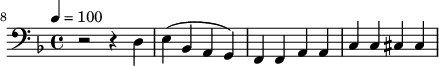 {\clef bass \tempo 4=100 \key f \major
\set Score.currentBarNumber = #8 \bar ""
r2 r4 d e4( bes, a, g,) f, f, a,a, c c cis cis
}\addlyrics {\set fontSize = #-2
}
\midi{}