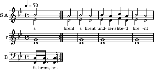 
<< 
  
  \new Staff     
    \with {instrumentName = "S A"
           shortInstrumentName = "S A"}
    <<
    \set Staff.midiMinimumVolume = #0.3
    \set Staff.midiMaximumVolume = #0.7
    \set Score.currentBarNumber = #1 \bar "" \tempo 4=70 \time 4/4 \key bes \major

    \new Voice = "s1" \relative c '' {  
      \voiceOne
        bes2 a bes a bes4 a c a bes2 a
    }
    \new Voice = "s2" \relative c '{  
      \voiceTwo
         ees2 d ees d ees4 d f d ees2 d  
    }
    >>
 
    \new Lyrics \lyricsto "s1" {\set fontSize = #-2
      s' brent s' brent und- zer shte- tl bre -nt de
    }

  %{
  \new Staff  
  \with {instrumentName = "A"
          shortInstrumentName = "A"}
  <<
  \set Staff.midiMinimumVolume = #0.3
  \set Staff.midiMaximumVolume = #0.5      
  \set Score.currentBarNumber = #1 \bar "" \tempo 4=70 \time 4/4 \key bes \major
  \new Voice = "a1" \fixed c ' {
    \voiceOne
      g1 g  g g 
  }
  \new Voice = "a2" \fixed c ' {
    \voiceTwo
      d1 d d d
  }    
  >>
  \new Lyrics \lyricsto "a1" {\set fontSize = #-2
  
  }
  \repeat volta 2
  %}

  \new Staff  
    \with {instrumentName = "T"
           shortInstrumentName = "T"}
    <<
    \set Staff.midiMinimumVolume = #0.3
    \set Staff.midiMaximumVolume = #0.5      
    \set Score.currentBarNumber = #1 \bar "" \tempo 4=70 \time 4/4 \key bes \major
    \new Voice = "t1" \fixed c ' {
      \voiceOne
       g1 g  g g 
    }
    \new Voice = "t2" \fixed c ' {
      \voiceTwo
       d1 d d d
    }    
    >>
    \new Lyrics \lyricsto "t1" {\set fontSize = #-2
    
    }
  \repeat volta 2

  \new Staff \with {midiInstrument = #"acoustic bass"
       instrumentName = "B"
       shortInstrumentName = "B"} <<
    \set Staff.midiMinimumVolume = #14.7
    \set Staff.midiMaximumVolume = #15.9
    \set Score.currentBarNumber = #1 \bar "" \tempo 4=70 \time 4/4 \key bes \major
    \clef bass 
    \new Voice = "b1" \relative c {
      \voiceOne 
      c8 c8. c16 
    }
    {
    \new Voice = "b2" \relative c, {
      \voiceOne 
      f8 f8. f16 
    }
    }
    >>
    \new Lyrics \lyricsto "b1" {\set fontSize = #-2
    Es brent, bri- der lekh- es brent oy und- der or- em shtet- tl ne- bekh brent 
    }
    \new Lyrics \lyricsto "b1" {\set fontSize = #-2
            _ _ _ _ _ _ _                 es ken kho- li- le ku- men der mo- ment und- zer shtot mit undz tsu- za- maen zol 
}
>>
\midi{}