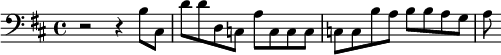{\clef bass \key d \major r2 r4 b8 cis d' d' d c a c c c c c b a b b a g a}