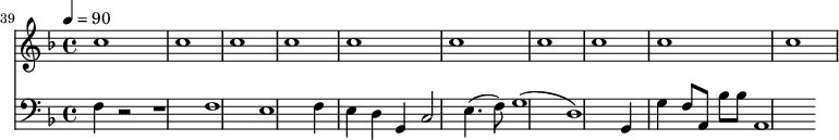 {
<<
\relative c '' {
\new Staff {
\set Staff.midiMinimumVolume = #0.1
\set Staff.midiMaximumVolume = #0.3
\set Score.currentBarNumber = #39 \bar "" \tempo 4=90 \key f \major
c1 c c c c c c c c c
}
}
\new Staff \with {midiInstrument = #"acoustic bass"}
{
\set Staff.midiMinimumVolume = #0.7
\set Staff.midiMaximumVolume = #0.9
\clef bass \key f \major
f4 r2 r1 f1 e1 f4 e d g, c2 e4.( f8) g1( d1) g,4 g f8 a, bes bes a,1
}
>>
}
\midi{}