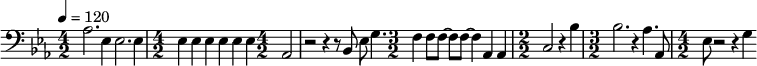 {\clef bass \tempo 4 = 120 \key ees \major \numericTimeSignature
\time 4/2 aes2. ees4 ees2. ees4 \time 4/2 ees4 ees ees ees ees ees \time 4/2 aes,2 r2 r4 r8 bes,8 ees8 g4.
\time 3/2 f4 f8 f~ f f~ f4 aes, aes, \time 2/2 c2 r4 bes \time 3/2 bes2. r4  aes4. aes,8 \time 4/2 ees r2 r4 g
}\midi{}