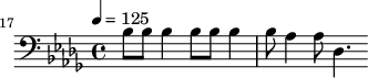 {\clef bass \tempo 4=125 \key des \major
\set Staff.midiMinimumVolume = #20.0
\set Staff.midiMaximumVolume = #28.0
\set Score.currentBarNumber = #17 \bar ""
bes8 bes bes4 bes8 bes bes4 bes8 aes4 aes8 des4. }\midi{}