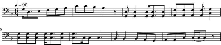 {\clef bass \tempo 4=90\key f \major \time 6/8
g16 d8. e8 f g a c' c' bes a4 r8 <d g,> <d g,>4 <d g,>16 <d g,>8. <d g,>8 <f a,>8 <f a,>8 <f a,>8 <f a,>8 <g c>4 \break
<g c>8 <g c> <g c> <g c>16 <g c>8. <g c>8 <g c>8. c16 c8 c4. bes,8 bes,4 bes,8 a, g, a, a,c c16 (c c8) r
}\midi{}