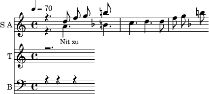<<
\new Staff
\with {instrumentName = "S A"
shortInstrumentName = "S A"}
<<
\set Staff.midiMinimumVolume = #0.3
\set Staff.midiMaximumVolume = #0.7
\set Score.currentBarNumber = #1 \bar "" \tempo 4=70 \time 4/4
\new Voice = "one" \relative c '' {
\voiceOne
\key c \major
r4. d8 f8 g8
\key f \major b
}
\new Voice = "two" \relative c ''{
\voiceTwo
\key c \major
r4. a b c d d8 f8 g8
\key f \major b
}
>>
\new Lyrics \lyricsto "one" {\set fontSize = #-2
Nit zu
}
\new Staff
\with {instrumentName = "T"
shortInstrumentName = "T"}
<<
\set Staff.midiMinimumVolume = #0.3
\set Staff.midiMaximumVolume = #0.5
\key c \major \time 3/4
\new Voice = "three" \fixed c '' {
\voiceOne
r2.
}
>>
\new Lyrics \lyricsto "three" {\set fontSize = #-2
}
\new Staff \with {midiInstrument = #"acoustic bass"
instrumentName = "B"
shortInstrumentName = "B"} <<
\set Staff.midiMinimumVolume = #4.7
\set Staff.midiMaximumVolume = #5.9
\clef bass \key c \major \time 4/4
\new Voice = "four"{
\voiceOne
r4 r r
}
>>
\new Lyrics \lyricsto "four" {\set fontSize = #-2
oo
}
>>
\midi{}