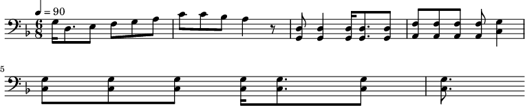 {\clef bass \tempo 4=90\key f \major \time 6/8
g16 d8. e8 f g a c' c' bes a4 r8 <d g,> <d g,>4 <d g,>16 <d g,>8. <d g,>8 <f a,>8 <f a,>8 <f a,>8 <f a,>8 <g c>4 \break
<g c>8 <g c> <g c> <g c>16 <g c>8. <g c>8 <g c>8.
}\midi{}