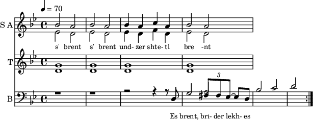 
<< 
  
  \new Staff     
    \with {instrumentName = "S A"
           shortInstrumentName = "S A"}
    <<
    \set Staff.midiMinimumVolume = #0.3
    \set Staff.midiMaximumVolume = #0.7
    \set Score.currentBarNumber = #1 \bar "" \tempo 4=70 \time 4/4 \key bes \major

    \new Voice = "s1" \relative c '' {  
      \voiceOne
        bes2 a bes a bes4 a c a bes2 a
    }
    \new Voice = "s2" \relative c '{  
      \voiceTwo
         ees2 d ees d ees4 d f d ees2 d  
    }
    >>
 
    \new Lyrics \lyricsto "s1" {\set fontSize = #-2
      s' brent s' brent und- zer shte- tl bre -nt de
    }

  %{
  \new Staff  
  \with {instrumentName = "A"
          shortInstrumentName = "A"}
  <<
  \set Staff.midiMinimumVolume = #0.3
  \set Staff.midiMaximumVolume = #0.5      
  \set Score.currentBarNumber = #1 \bar "" \tempo 4=70 \time 4/4 \key bes \major
  \new Voice = "a1" \fixed c ' {
    \voiceOne
      g1 g  g g 
  }
  \new Voice = "a2" \fixed c ' {
    \voiceTwo
      d1 d d d
  }    
  >>
  \new Lyrics \lyricsto "a1" {\set fontSize = #-2
  
  }
  \repeat volta 2
  %}

  \new Staff  
    \with {instrumentName = "T"
           shortInstrumentName = "T"}
    <<
    \set Staff.midiMinimumVolume = #0.3
    \set Staff.midiMaximumVolume = #0.5      
    \set Score.currentBarNumber = #1 \bar "" \tempo 4=70 \time 4/4 \key bes \major
    \new Voice = "t1" \fixed c ' {
      \voiceOne
       g1 g  g g 
    }
    \new Voice = "t2" \fixed c ' {
      \voiceTwo
       d1 d d d
    }    
    >>
    \new Lyrics \lyricsto "t1" {\set fontSize = #-2
    
    }
  \repeat volta 2

  \new Staff \with {midiInstrument = #"acoustic bass"
       instrumentName = "B"
       shortInstrumentName = "B"} <<
    \set Staff.midiMinimumVolume = #14.7
    \set Staff.midiMaximumVolume = #15.9
    \set Score.currentBarNumber = #1 \bar "" \tempo 4=70 \time 4/4 \key bes \major
    \clef bass 
    \new Voice = "b1" \relative {
      \voiceOne 
      r1 r r2 r4 r8 d g2 \tuplet 3/2 {fis8 fis ees~} ees d 
    }
    \new Voice = "b2" \relative c {
      \voiceOne 
      r1 r r2 r4 r8 d g2 a bes c d 
    }
    >>
    \new Lyrics \lyricsto "b1" {\set fontSize = #-2
    Es brent, bri- der lekh- es brent oy und- der or- em shtet- tl ne- bekh brent 
    }
    \new Lyrics \lyricsto "b1" {\set fontSize = #-2
            _ _ _ _ _ _ _                 es ken kho- li- le ku- men der mo- ment und- zer shtot mit undz tsu- za- maen zol 
}
>>
\midi{}