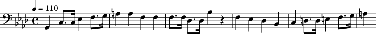 {\clef bass \tempo 4 = 110 \key aes \major g, c8. c16 ees4 f8. g16 a4 a f f f8. f16 des8. des16 bes4 r4 f ees des bes, c d8. d16 e4 f8. g16 a4}\midi{}