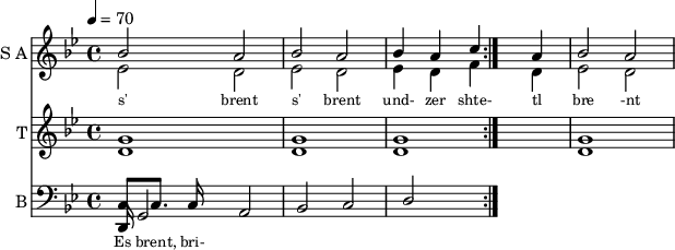 
<< 
  
  \new Staff     
    \with {instrumentName = "S A"
           shortInstrumentName = "S A"}
    <<
    \set Staff.midiMinimumVolume = #0.3
    \set Staff.midiMaximumVolume = #0.7
    \set Score.currentBarNumber = #1 \bar "" \tempo 4=70 \time 4/4 \key bes \major

    \new Voice = "s1" \relative c '' {  
      \voiceOne
        bes2 a bes a bes4 a c a bes2 a
    }
    \new Voice = "s2" \relative c '{  
      \voiceTwo
         ees2 d ees d ees4 d f d ees2 d  
    }
    >>
 
    \new Lyrics \lyricsto "s1" {\set fontSize = #-2
      s' brent s' brent und- zer shte- tl bre -nt de
    }

  %{
  \new Staff  
  \with {instrumentName = "A"
          shortInstrumentName = "A"}
  <<
  \set Staff.midiMinimumVolume = #0.3
  \set Staff.midiMaximumVolume = #0.5      
  \set Score.currentBarNumber = #1 \bar "" \tempo 4=70 \time 4/4 \key bes \major
  \new Voice = "a1" \fixed c ' {
    \voiceOne
      g1 g  g g 
  }
  \new Voice = "a2" \fixed c ' {
    \voiceTwo
      d1 d d d
  }    
  >>
  \new Lyrics \lyricsto "a1" {\set fontSize = #-2
  
  }
  \repeat volta 2
  %}

  \new Staff  
    \with {instrumentName = "T"
           shortInstrumentName = "T"}
    <<
    \set Staff.midiMinimumVolume = #0.3
    \set Staff.midiMaximumVolume = #0.5      
    \set Score.currentBarNumber = #1 \bar "" \tempo 4=70 \time 4/4 \key bes \major
    \new Voice = "t1" \fixed c ' {
      \voiceOne
       g1 g  g g 
    }
    \new Voice = "t2" \fixed c ' {
      \voiceTwo
       d1 d d d
    }    
    >>
    \new Lyrics \lyricsto "t1" {\set fontSize = #-2
    
    }
  \repeat volta 2

  \new Staff \with {midiInstrument = #"acoustic bass"
       instrumentName = "B"
       shortInstrumentName = "B"} <<
    \set Staff.midiMinimumVolume = #14.7
    \set Staff.midiMaximumVolume = #15.9
    \set Score.currentBarNumber = #1 \bar "" \tempo 4=70 \time 4/4 \key bes \major
    \clef bass 
    \new Voice = "b1" \relative {
      \voiceOne 
      c8 c8. c16 
    }
    {
    \new Voice = "b2" \relative c, {
      \voiceOne 
      d g2 a bes c d 
    }
    }
    >>
    \new Lyrics \lyricsto "b1" {\set fontSize = #-2
    Es brent, bri- der lekh- es brent oy und- der or- em shtet- tl ne- bekh brent 
    }
    \new Lyrics \lyricsto "b1" {\set fontSize = #-2
            _ _ _ _ _ _ _                 es ken kho- li- le ku- men der mo- ment und- zer shtot mit undz tsu- za- maen zol 
}
>>
\midi{}