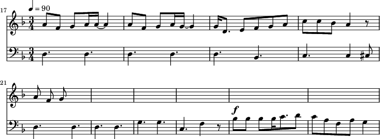 
{
  <<
    \relative c '' {
      \new Staff {
        \set Staff.midiMinimumVolume = #1.1
        \set Staff.midiMaximumVolume = #1.3
        \set Score.currentBarNumber = #17 \bar "" \tempo 4=90  \key f \major \time 3/4
        a8 f g a16 a~ a4 a8 f g a16 g~ g4 g16 d8. e8 f g a c c bes a4 r8 a f g
      }
    }
    \new Staff  \with {midiInstrument = #"acoustic bass"} 
    {
      \set Staff.midiMinimumVolume = #2.7
      \set Staff.midiMaximumVolume = #3.9
      \clef bass \key f \major \time 3/4
      d4. d d d d bes, c c4 cis8 d4. d d d g g c f4 r8 bes8^\f bes bes bes16 c'8. d'8 c' a f a g4
    }
  >>
}
\midi{}