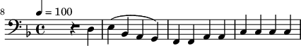 {\clef bass \tempo 4=100 \key f \major   
\set Score.currentBarNumber = #8 \bar ""
R2 r4 d e4( bes, a, g,) f, f, a,a, c c c c
}\addlyrics {\set fontSize = #-2 

}
\midi{}