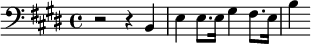 {\clef bass \key e \major r2 r4 b, e e8. e16 gis4 fis8. e16 b4}\midi{}