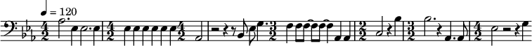 {\clef bass \tempo 4 = 120 \key ees \major \numericTimeSignature
\time 4/2 aes2. ees4 ees2. ees4 \time 4/2 ees4 ees ees ees ees ees \time 4/2 aes,2 r2 r4 r8 bes,8 ees8 g4.
\time 3/2 f4 f8 f~ f f~ f4 aes, aes, \time 2/2 c2 r4 bes \time 3/2 bes2. r4  aes,4. aes,8 \time 4/2 ees2 r2 r4 g
}\midi{}