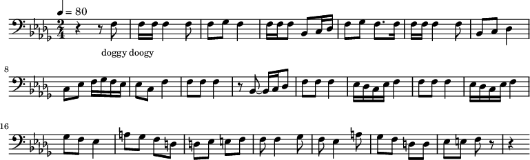 {
\clef bass \tempo 4=80 \key des \major \time 2/4
\set Score.currentBarNumber = #1 \bar ""
r4 r8 f8 f16 f16 f4 f8 f ges f4 f16 f f8 bes, c16 des f8 ges f8. f16
f16 f16 f4 f8 bes, c des4 c8 ees f16 ges f ees ees8 c f4
f8 f f4 r8 bes,~ bes,16 c des8 f f f4 ees16 des c ees f4
f8 f f4 ees16 des c ees f4
ges8 f ees4 a8 ges f d8 d ees e f f f4
ges8 f ees4 a8 ges f d8 d ees e f r r4
}
\addlyrics {\set fontSize = #-2
doggy doogy
} \midi{}